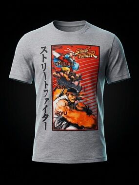 Street Fighter Graphic Tee - Chun-Li, Ken, Ryu, Akuma - Men's Size Medium - Grey